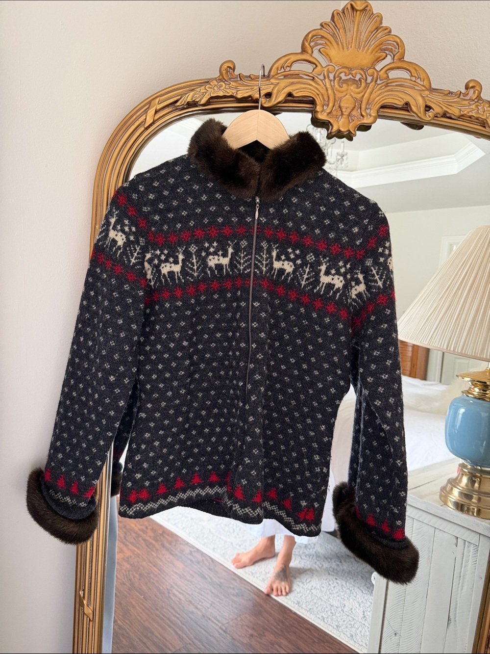 Lauren by Ralph Lauren Fair Isle Zip Cardigan with faux fur size small